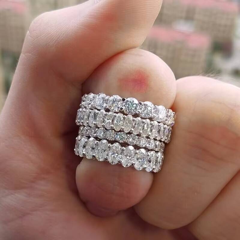14K Solid White Gold Stunning Moissanite Wedding Band Full Eternity Oval Moissanite Ring for Women