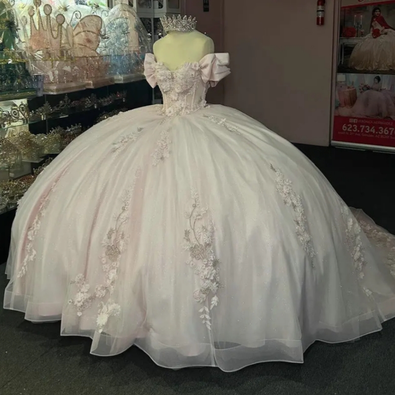 Light Pink 3D Flowers Appliques Lace Quinceanera Dresses Ball Gown Off The Shoulder Bow Sweet 15 Anos Mexican