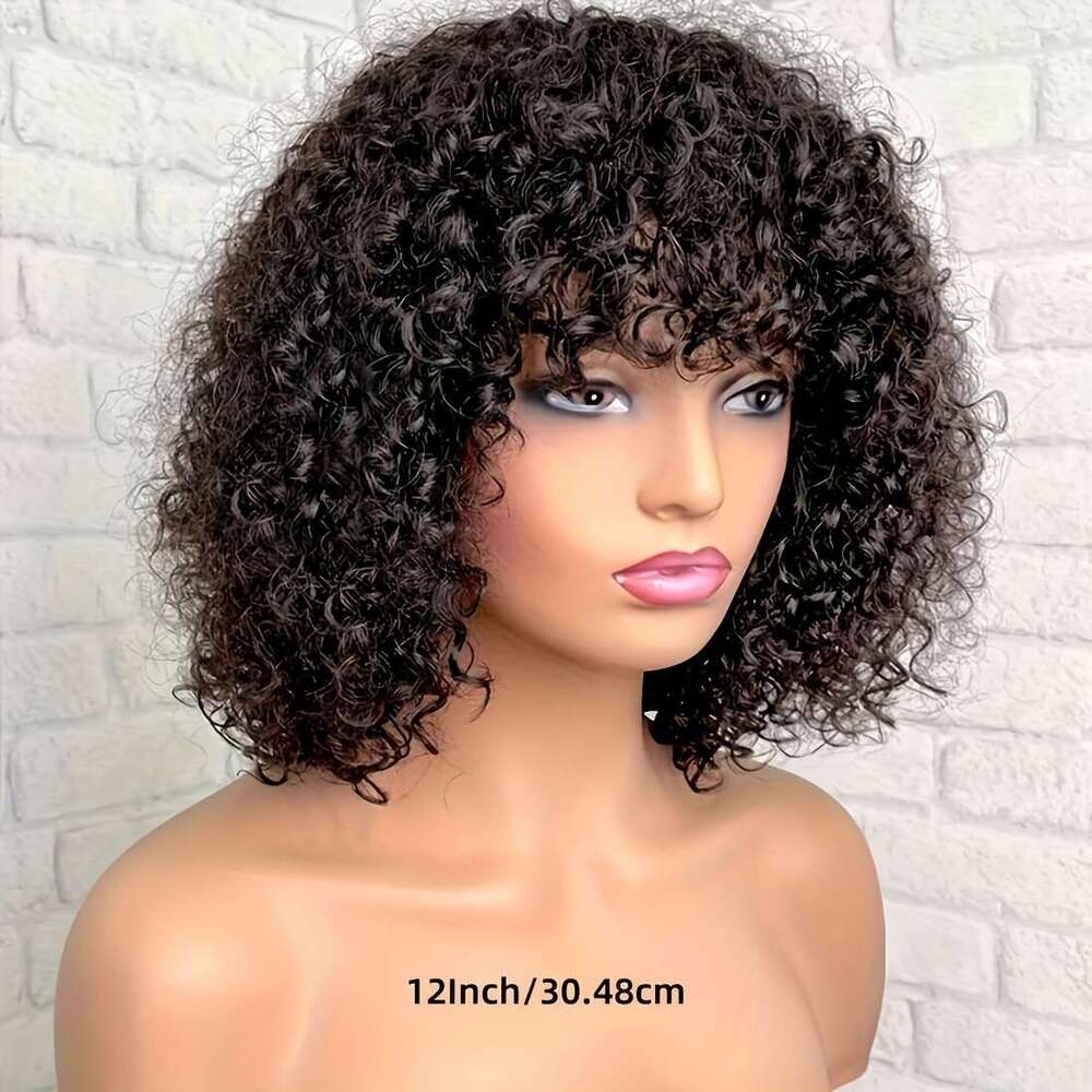 Short Bob With Bangs None Lace Front For Women 180% Density Kinky Curly Fringe Bang Wig Human hine Made Brazilian Unprocessed Virgin Hair Wigs Natural