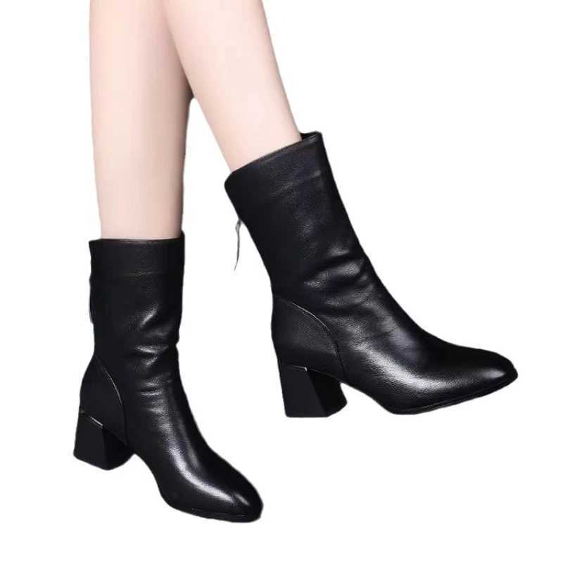 2024 New Women Versatile Leather Boots Fashion antislip high heels female Casual comfortable boot External Wear Trendy shoes W251024