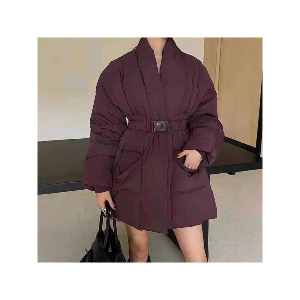 2025 Solid Spliced Belt Loose Jackets For Women V Neck Long Sleeve Temperament Parkas Female Fashion Style
