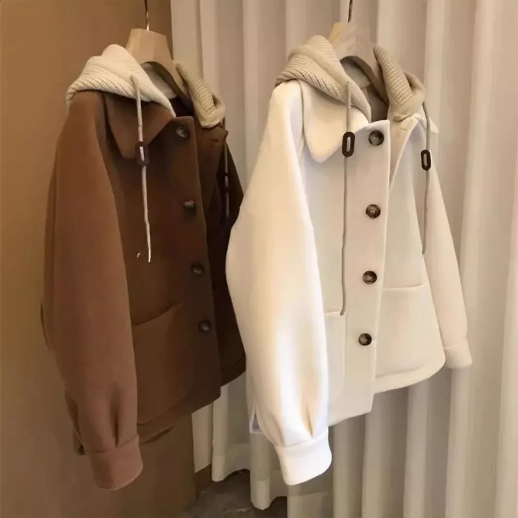 Womens Knitted Woolen Coat Vintage Loose Fit Hat n Thick Korean Style Autumn Winter Outerwear Fashionable Casual 251016