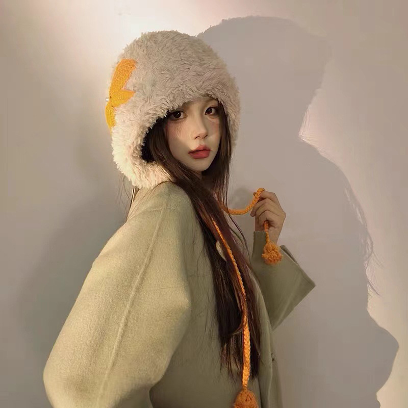 Handmade Crochet Bowknot Plush Hat for Women, Warm Ear Protection Thickened Knitted Lei Feng Hat, Autumn Winter Cold Trend