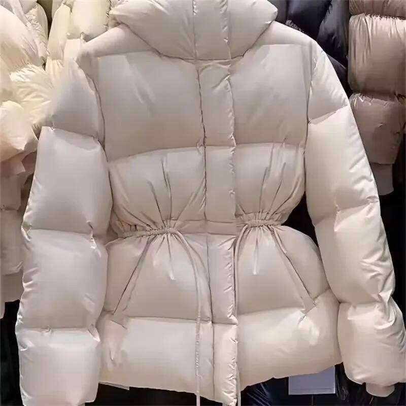 Fashion Cotton-Padded Jacket Women Autumn Winternew Down Coat Female Parkas Hooded Drawstring Waist Thick Warm Overwear Lady Top Womens Coat