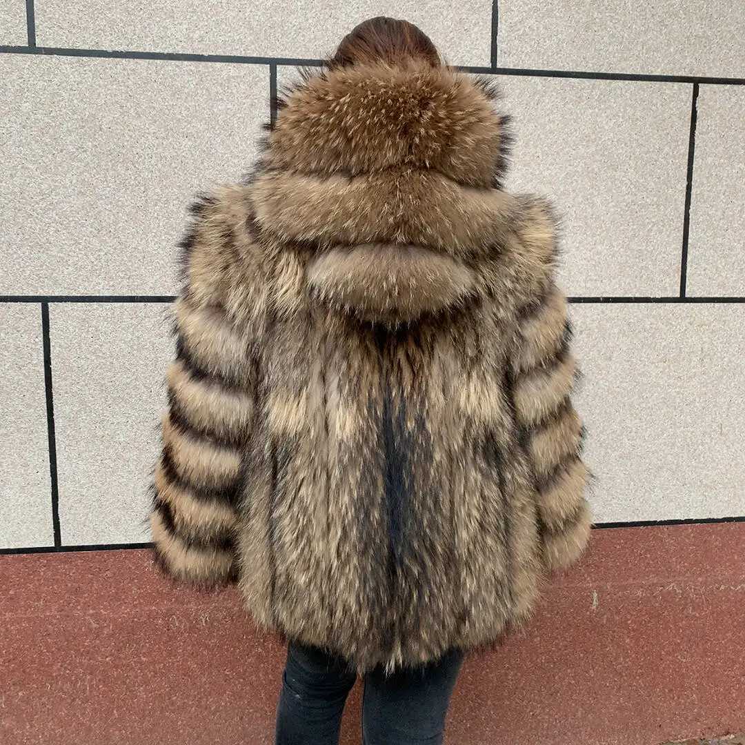New womens vertical hooded Real fur coat for autumn and winter fashion natural fur jacket vertical hooded raccoon fur coat H251024