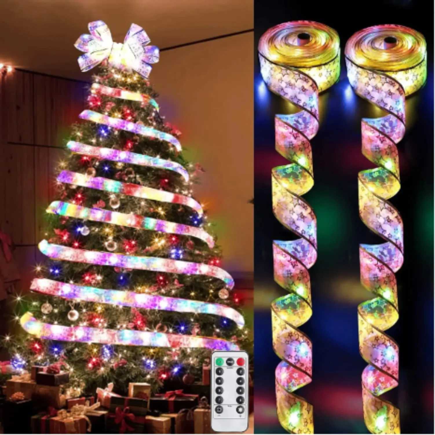 Christmas Ribbon Fairy Light Christmas Decoration For Home 2026 DIY Bows String Light Tree Ornaments Xmas Decor New Year 2026 C251024