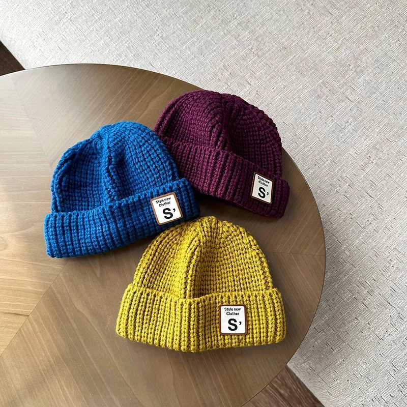 Letter S Baby Beanie Cap Winter Warm Wool Knitted Hat for Toddler Boy Girl Korean Solid Color Kids Brimless HatsL251024
