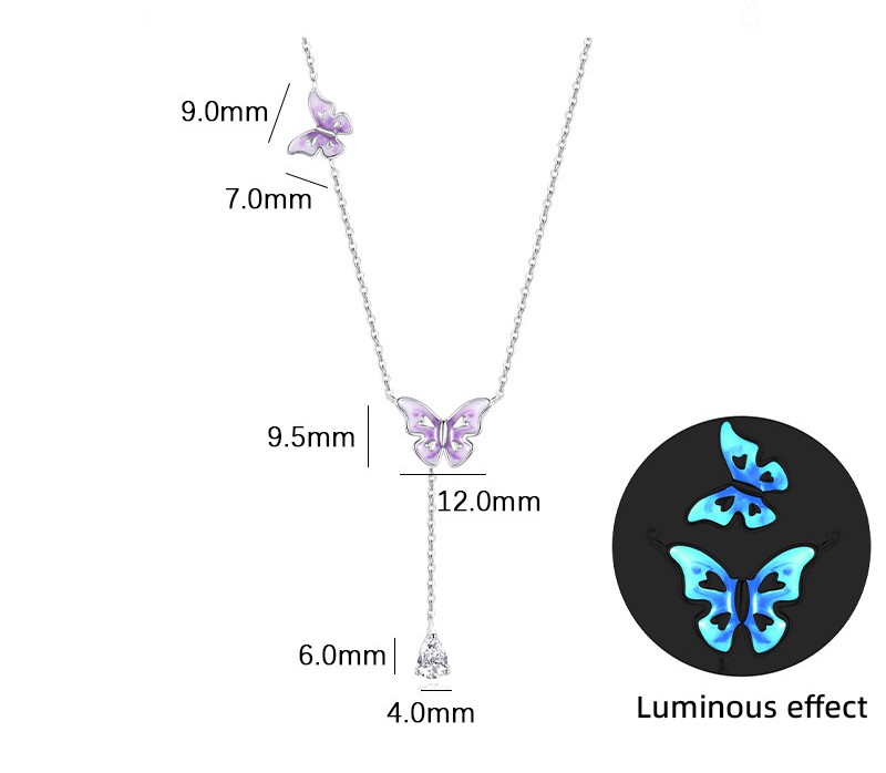 TaiYang New S925 Sterling Silver Fluorescent Butterfly Necklace, Blue-Purple Glow Fringe Pendant with Ethereal Fairy Core Aesthetic