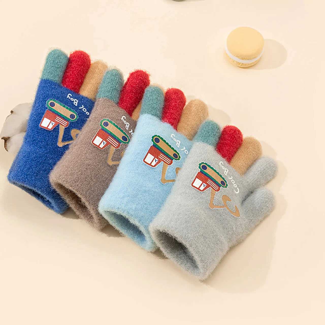 Cartoon Excavator Children Gloves Autumn Winter Knitted Warm Full Finger Gloves Windproof Outdoor Kids Boys Mittens Y251024