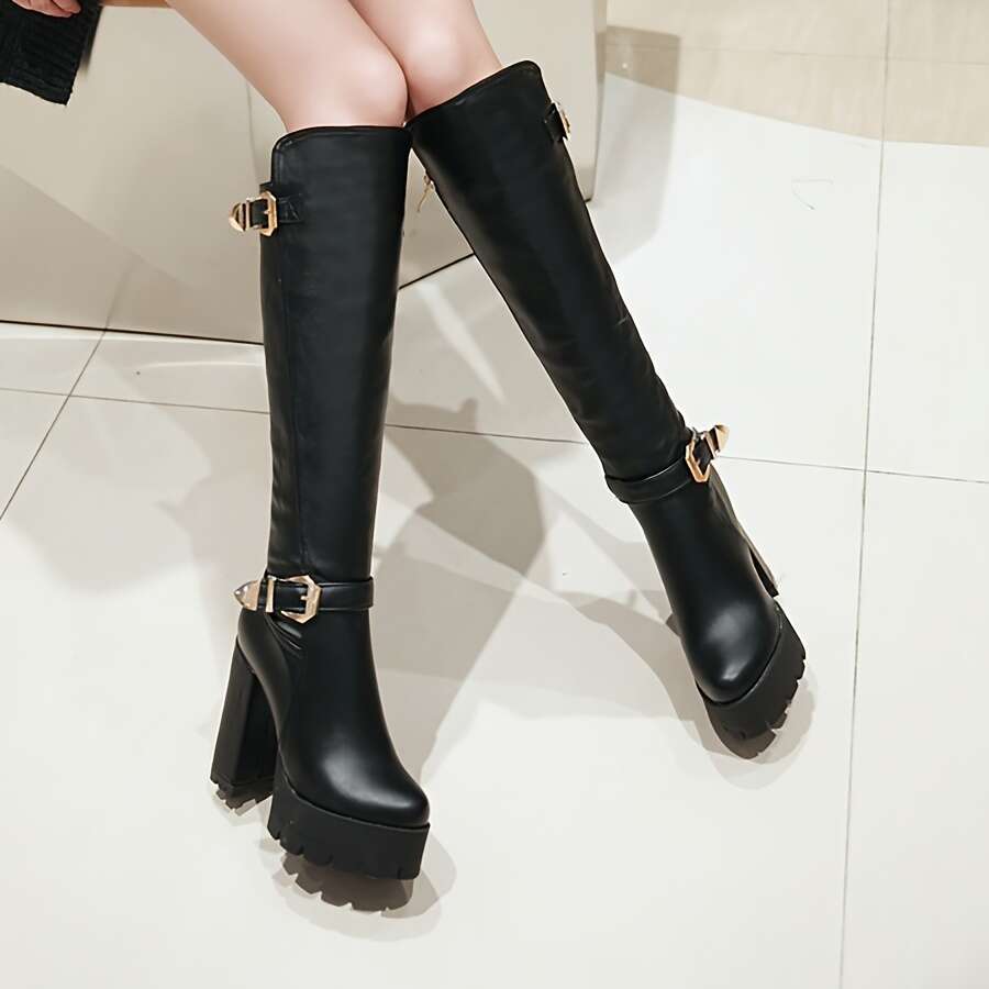 Women's Chunky Platform Over-The-Knee Boots - Glossy Black Faux Cover With Golden Buckle Straps, Thick High Heel Zipper Closure For Casual & Wear