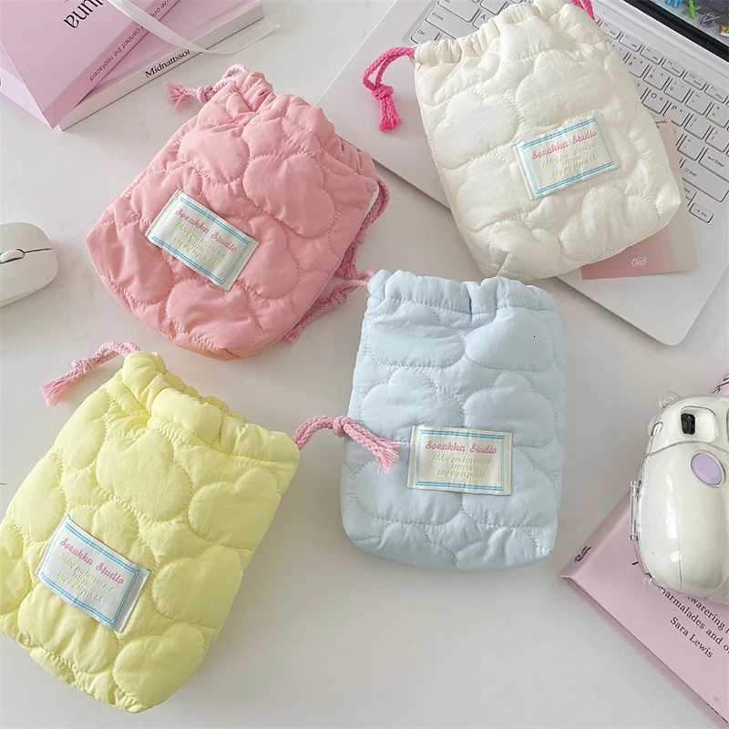 Fashion Drawstring Storage Bag For Camera Solid Color Heart Striped Organizer Candy Color Portable Travel Makeup CaseT251024