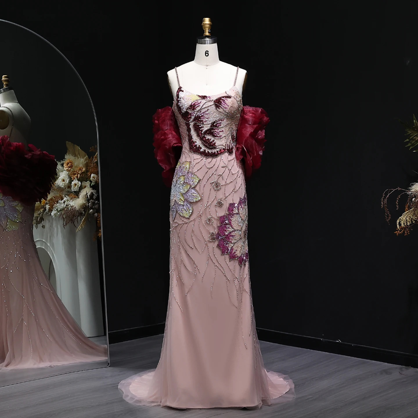 Sharon Said Pink Floral Beaded Evening Dress with Burgundy Shawl Cape Elegant Party Dress for Women SS515 Customized 251023