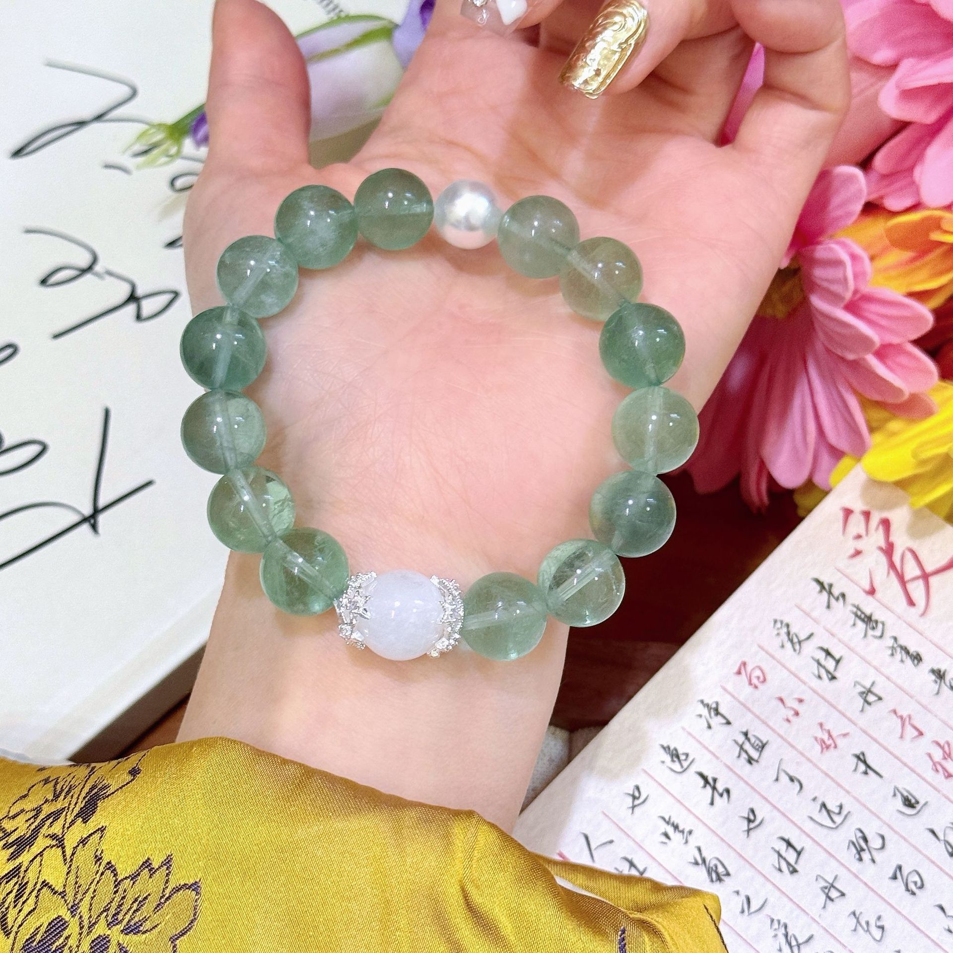 Spring Seasonal Clear Dew Drop-Shaped Natural Green Fluorite Wristband