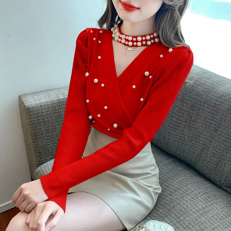Ladies Fashion Allmatch Irregular Knitting Vneck Pullovers Autumn Winter Fashionable Embroidered Flares Hollow Out Sweater 251020