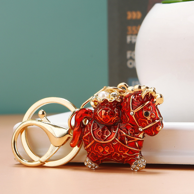 Chinese Style Rhinestone Lucky Horse Car Keychain - Creative Cute Bag Charm for Women, Zodiac Key Chain Accessory