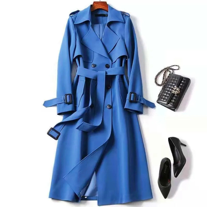 Womens Trench Coat Autumn Korean Long Jacket with Belt Solid Doublebreasted British Style Khaki For Women Red Blue 251021