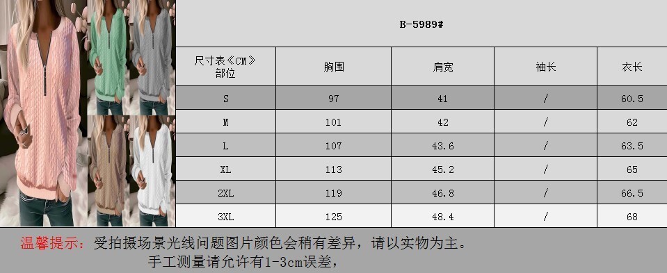 2025 Autumn Winter New Women's Long Sleeve Solid Color V-neck Zipper T-shirt Top