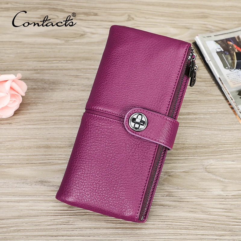 CONTACTS Genuine Leather Long Wallets for Women Full Grain AirTag Purse Card Holder Money Clip Coin Clutch Wallet 251014