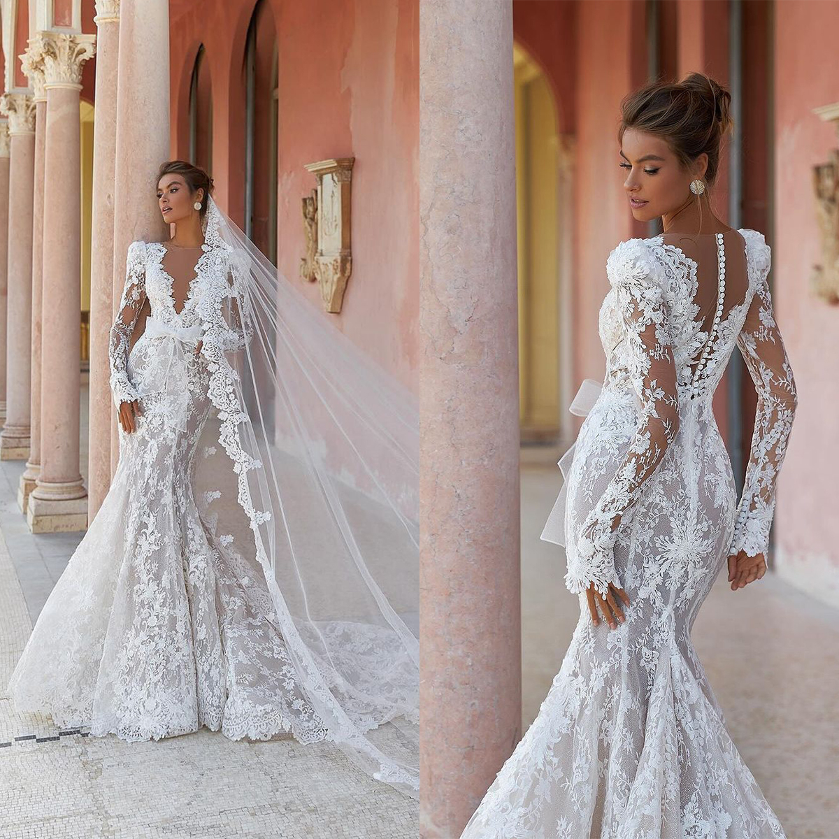Luxury Lace Mermaid Wedding Dresses Puffy Long Sleeves Illusion V Neck Bridal Gowns Plus Size Formal Special Occasion Bride Dresses Engagement Gowns