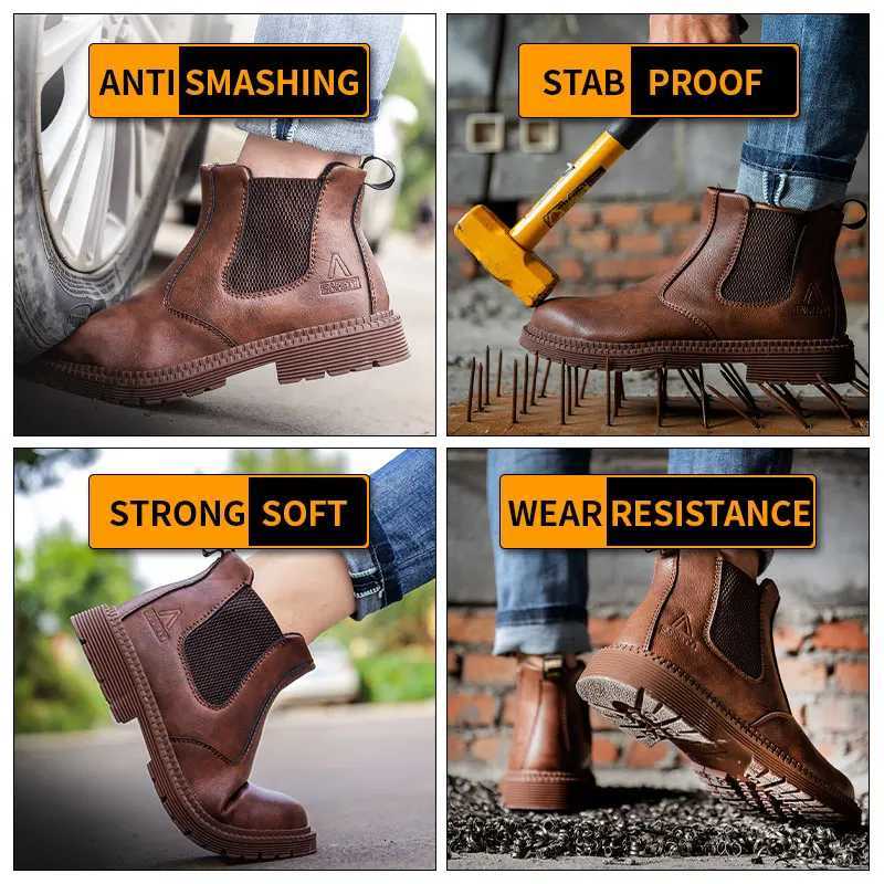 Water Proof Safety Work Shoes For Men Steel Head Leather Boots Male Footwear Indestructible Construction Work Shoes Brown W251024