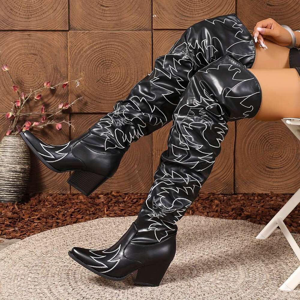 Women's Retro Embroidered Over-The-Knee Boots - Slip-On Chunky High Heel, Toe, Faux Cover With Fabric Lining Rubber Sole For Music Festivals & Bo