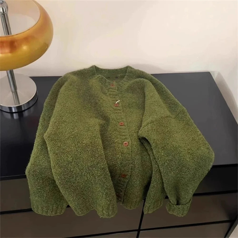 Retro Green Knitted Cardigan Womens Autumn Winter Round Neck Single Breasted Soft Thick Sweater Loose Casual Basic Coat 251013