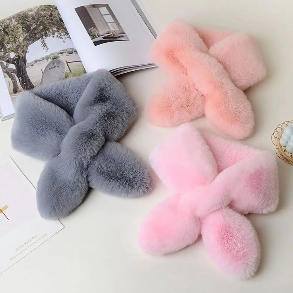 Cute Solid Color Cross Scarf Faux Rabbit Fur Thicken Neck Scarf Neckerchief Wrap Women 251020