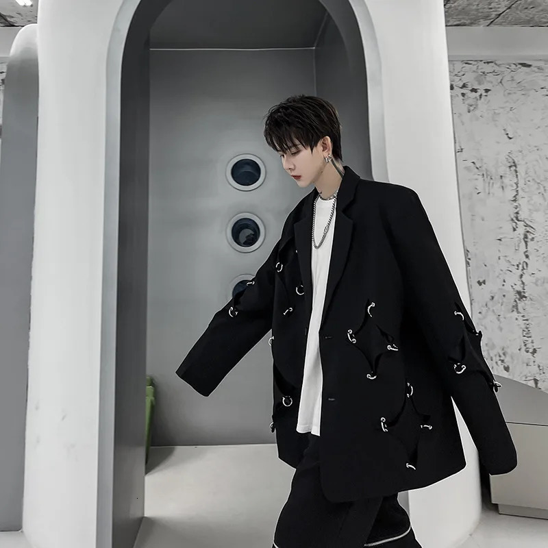 Metal Rivet Ring Decorate Hollow Out Hip Hop Punk Blazers Techwear Style Irregular Casual Suit Jacket For Men 251023