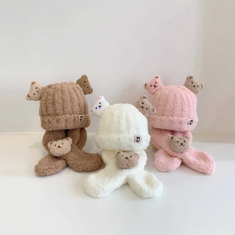 Winter Baby Plush Hat Scarf Set Cartoon Bear Beanies Warm Velvet Infant Neckerchief 624Month Kids Ear Protection Pullover CapL251024