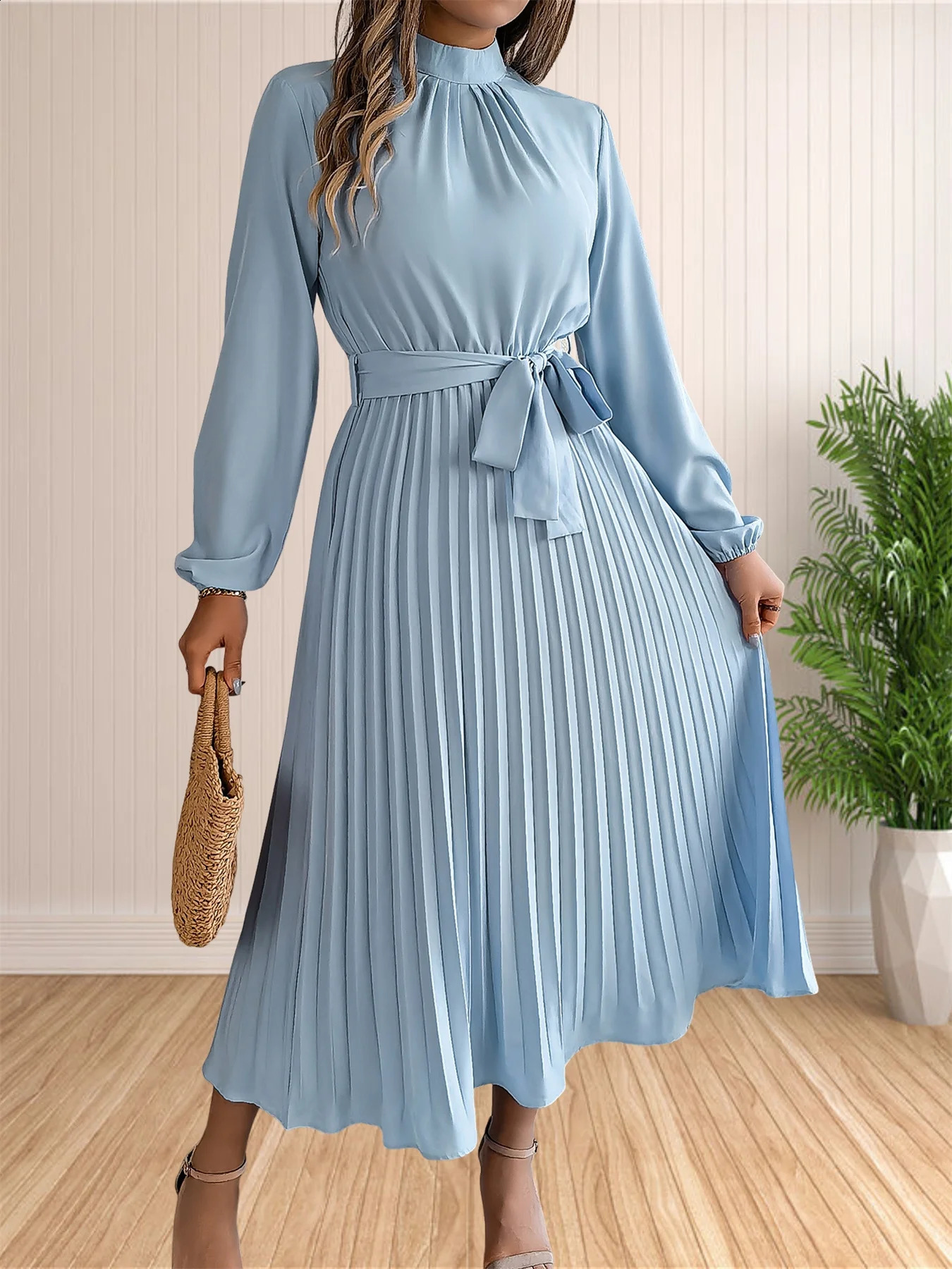 Womens Long Dresses Summer Elegant Pleated Long Sleeveed Lace Up Dresses Beach Boho Wrap Ruffle Hem Swing Sundress 251023