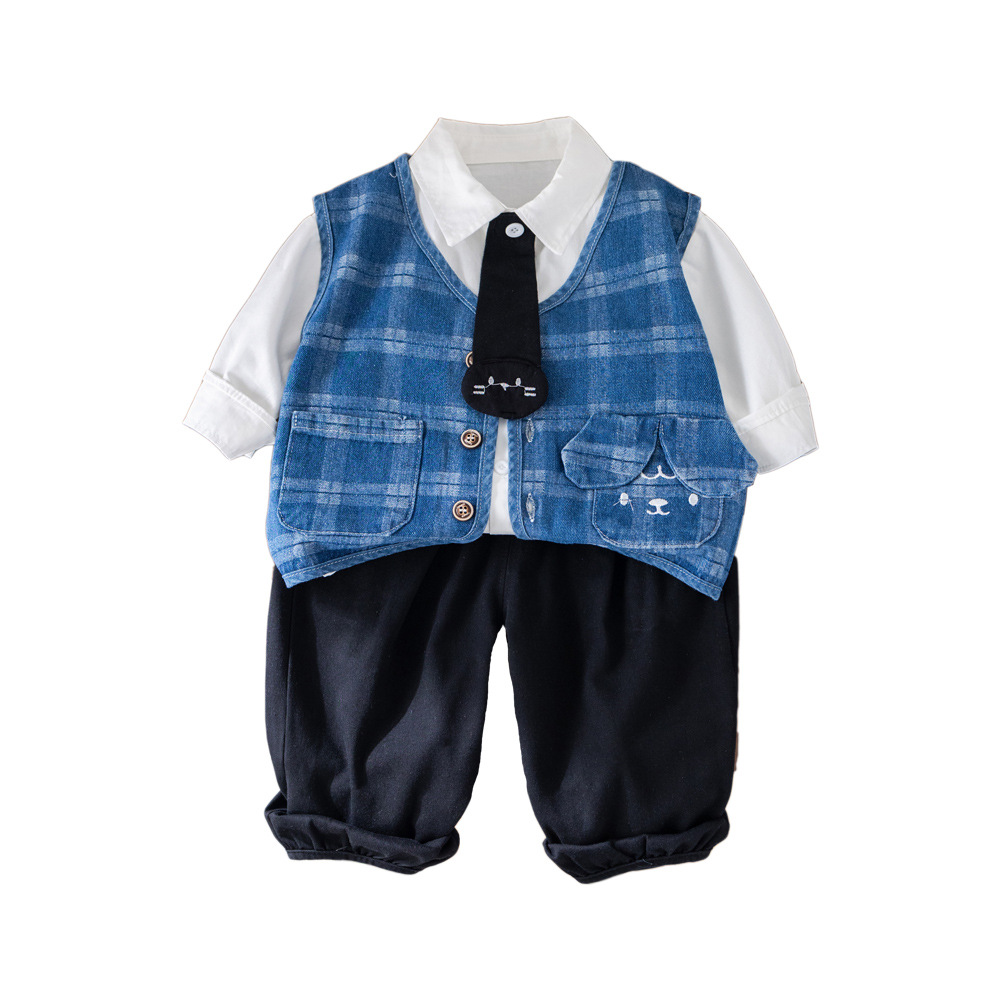 Toddler Boys 3-Piece Outfit, Plaid and Denim Vest Set with Tie for Spring & Autumn
