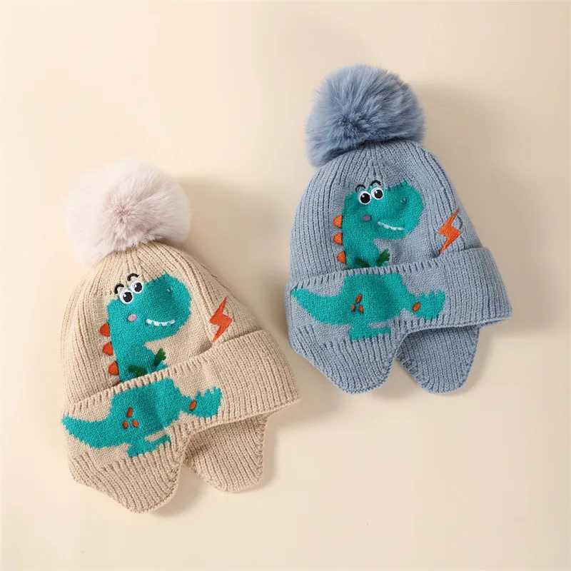 Cute Dinosaur Baby Knitted Hat Winter Warm Kids Earmuffs Cap 28year Boys Girls Woolen Crochet Bonnet Cartoon Children BeaniesL251024