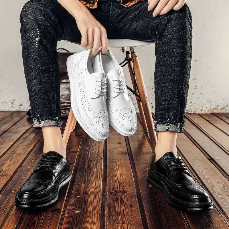 Fashion Derby Leather Men White Brogue Lace Up Solid Simple Dress Business Casual Party Wedding Flat Shoes For Man
