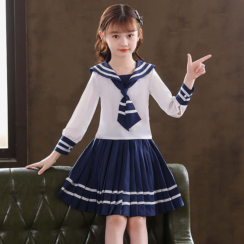 Children's designer fashionable winter new Korean style cute girl long sleeved sweater navy collar uniform