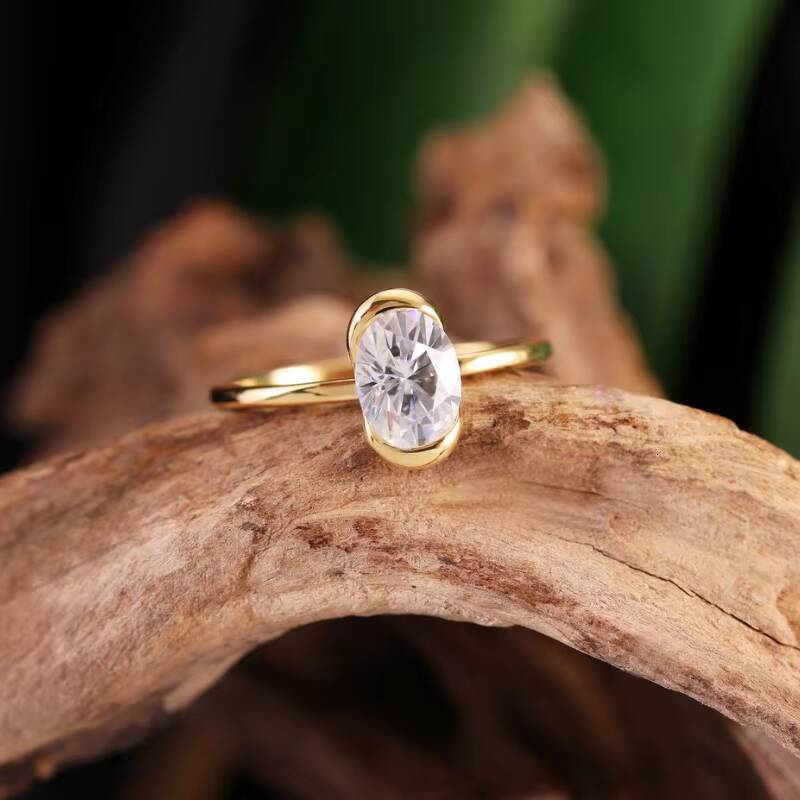 Custom DEF VVS Oval Shape Half Bezel Setting Moissanite Ring Silver 10K 14K 18K Gold Engagement Ring Mossanite Jewelry