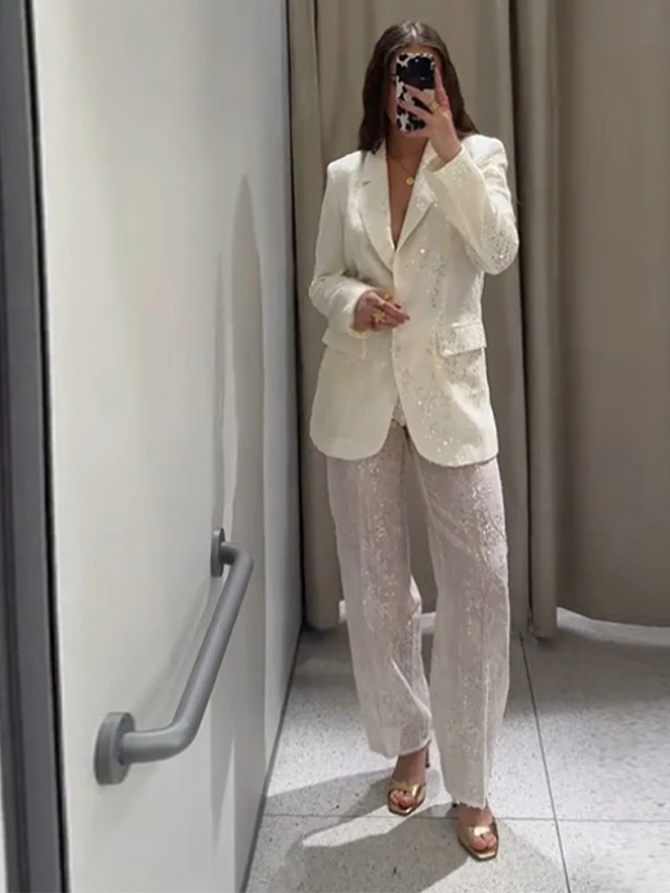 Transparent Sequin Jacket Suit Pants Suits Women Sexy Lapel Single Breasted Jacket See Through Straight Pants Fashion Lady Sets 251021