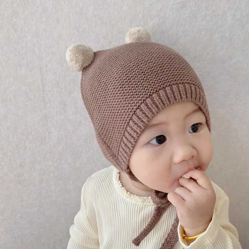 Cartoon Double Pompom Baby Hat Winter Warm Soft Knitted Kids Beanie Hats Solid Color Ear Protection Infant Children CapsL251024