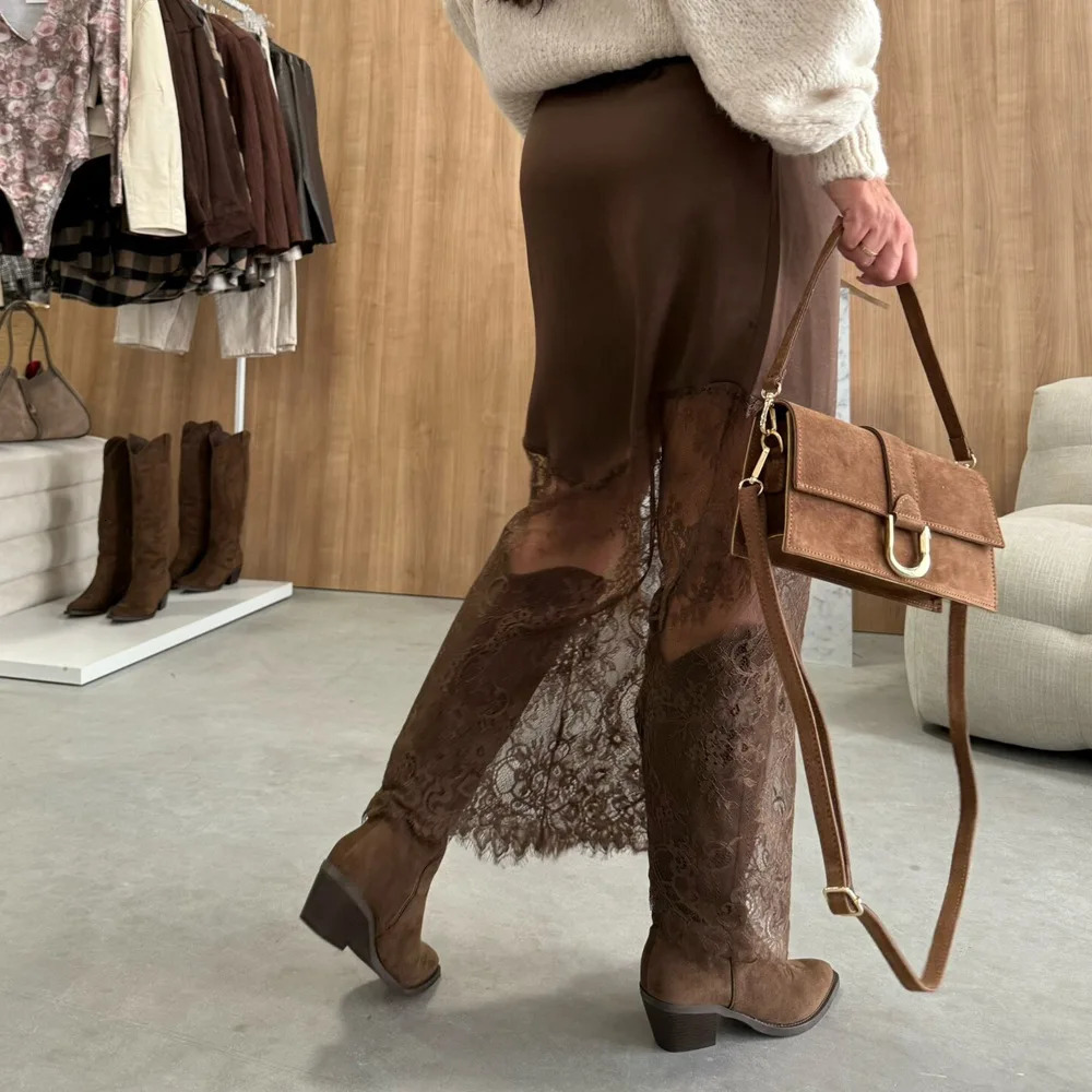 Elegant MidLength Lace Patchwork Womens Skirt Bodycon Mini Dress CrossBorder Autumn Winter Street Style Pure Color Trend 251017