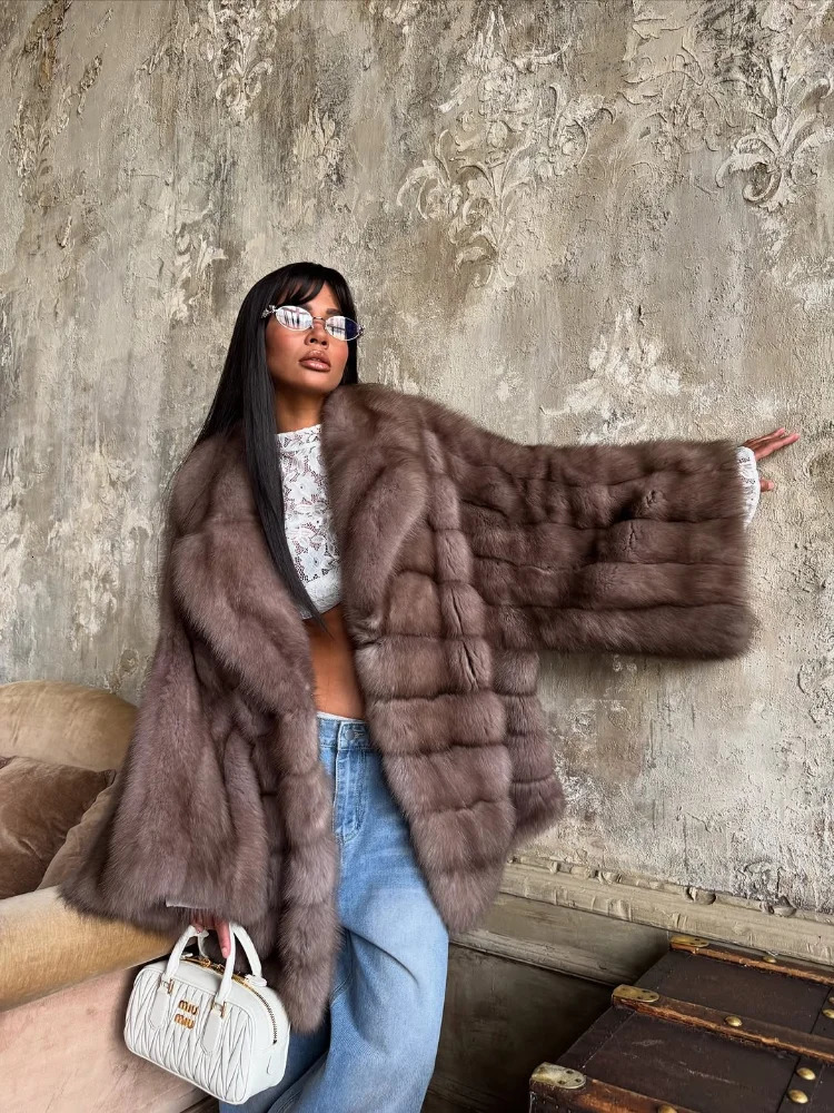 Women Elegant Fur Coat Bell Sleeve Lapel Suede Surface Girdle Coats Unique Temperament 2025 Winter High Street 251013