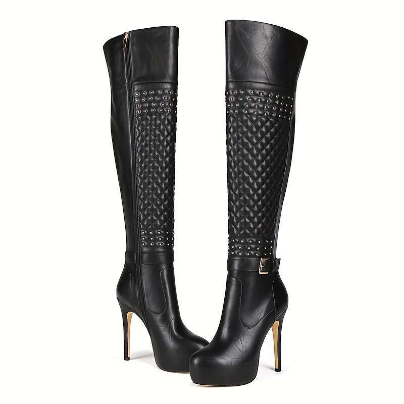 Rivet Pleated Design Black Versatile European And American Style Fashion Sexy Nightclub Height-Increasing High Quality Platform Round Toe Foot Shaping