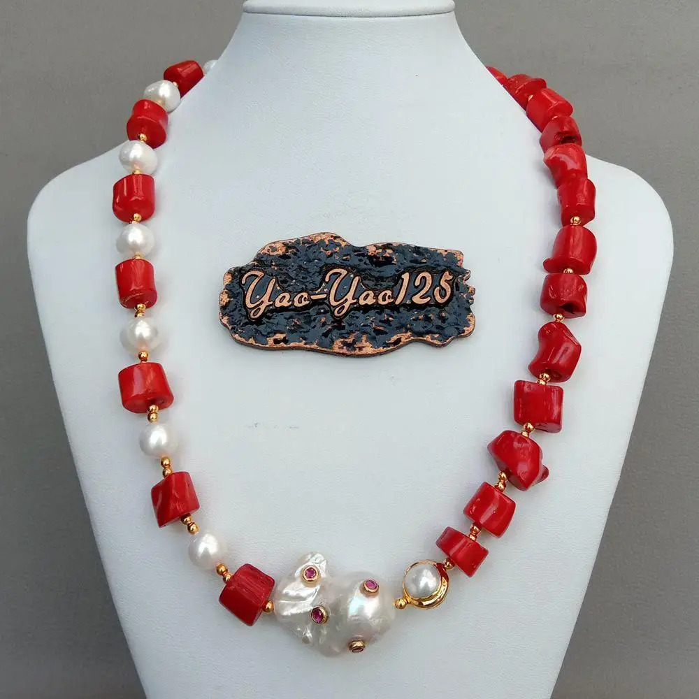 Red Coral White Pearl Necklace White Keshi Pearl Cz pave Pendant 21 251016