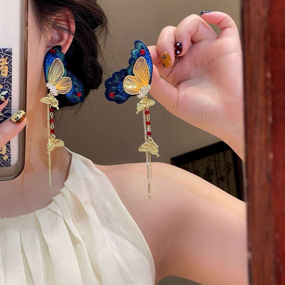 National Colorful Fantasy Exquisite Butterfly Tassel for Women New Chinese Style Embroidery Long Elegant Earrings