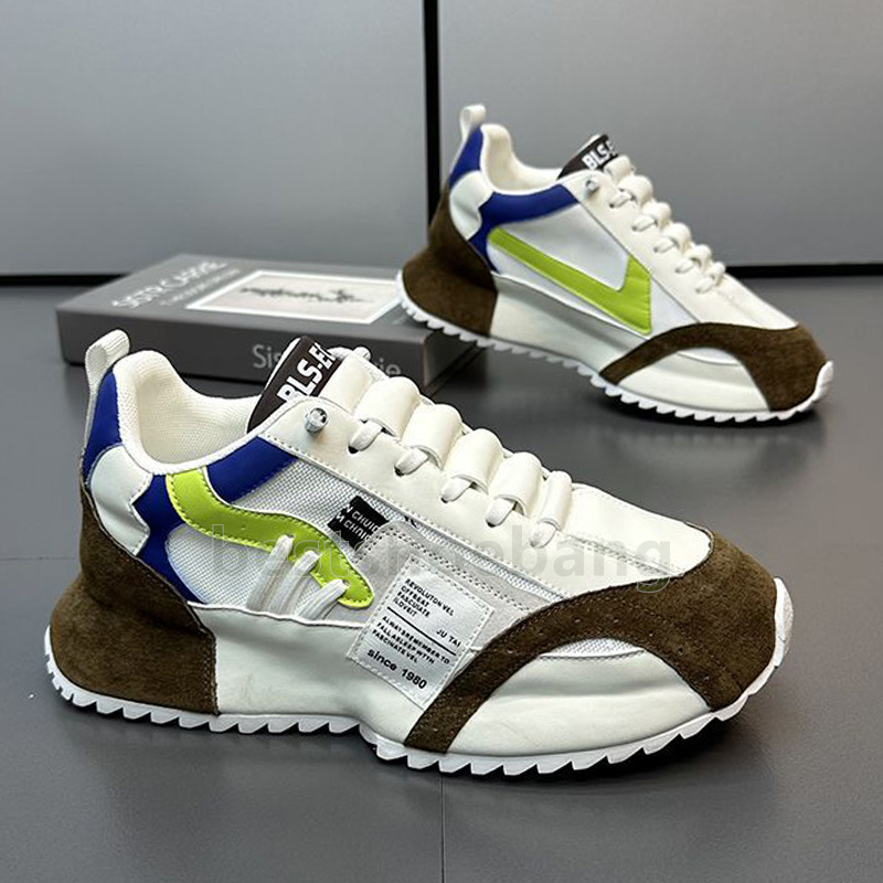 vintage style mens trainers running shoes comfortable breathable mesh upper green camel gray color outdoor platform sneakers size 39-47