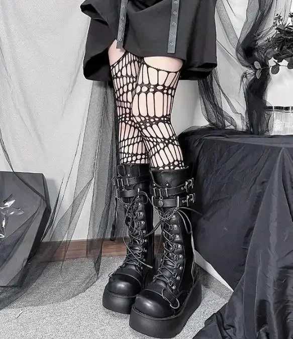 Motorcycle Boots Platform Boots for Women Wedges Knee High Black Lace Up Fashion Goth Gothic Boots Punk Shoes Girls Winter W251024