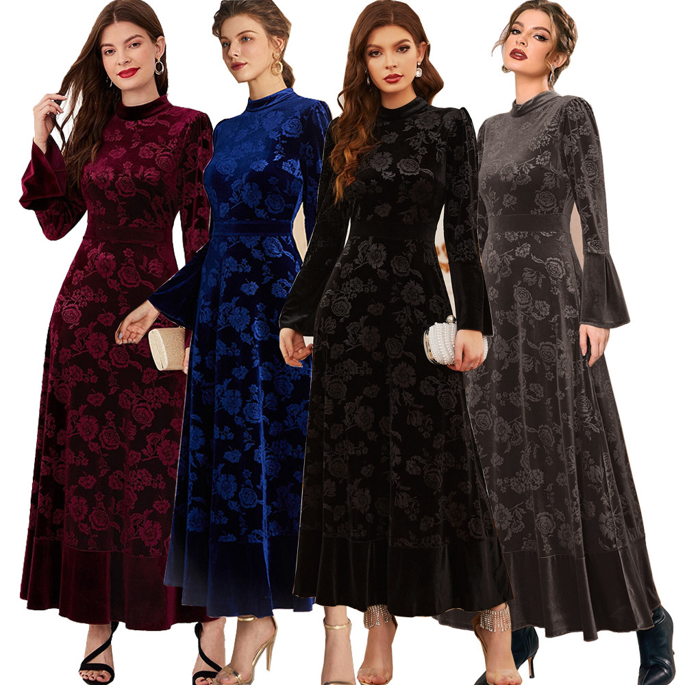 Designer Fashion Autumn/Winter New Style European and American Women's Elegant Silk Fleece Lace Long Sleeve Dress