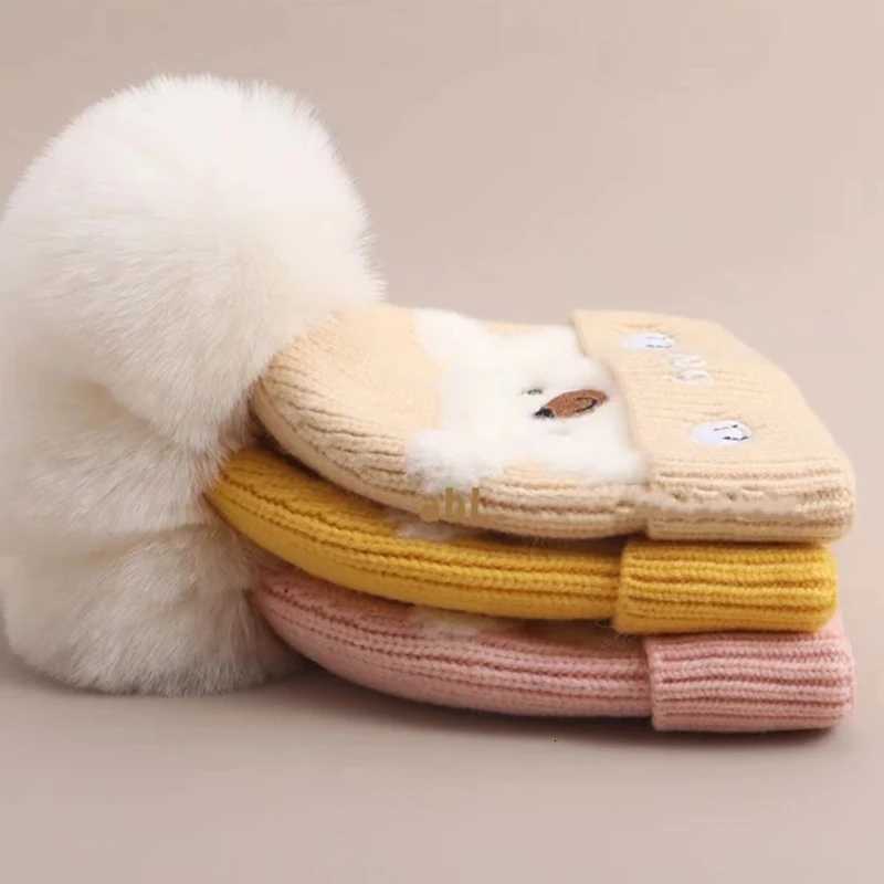 Cute Plush Ball Baby Woolen Hat Cartoon Bear Kids Ear Protection Cap 02year Children Winter Warm Pullover Cap Knitted BeaniesL251024