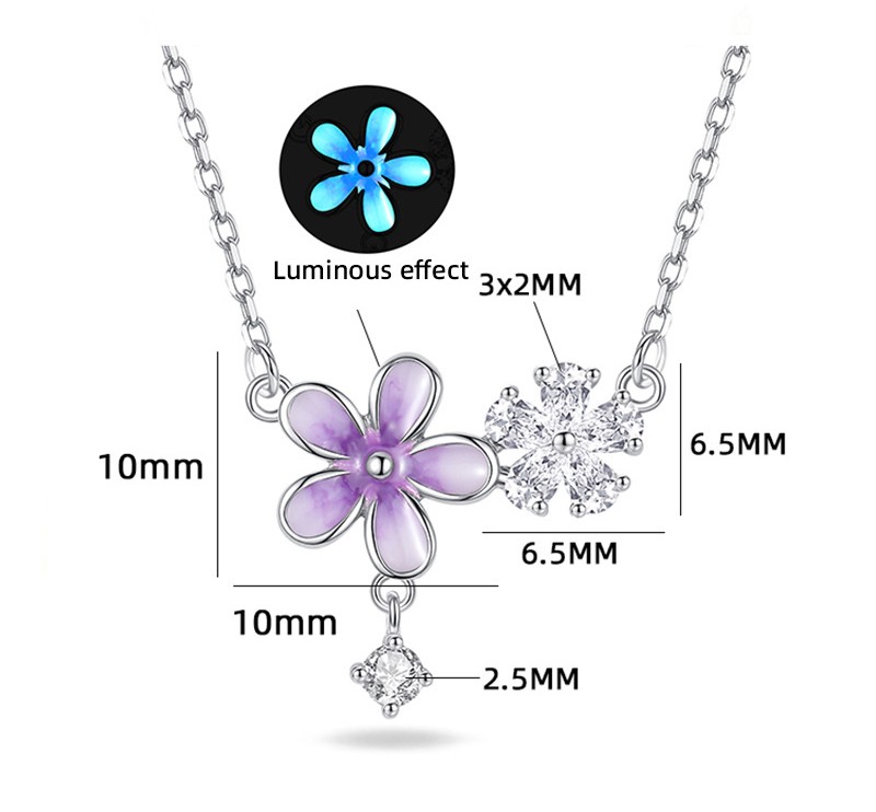 TaiYang New S925 Sterling Silver Iris Flower Pendant Necklace, Fluorescent Glow Elegant Minimalist Jewelry for Women