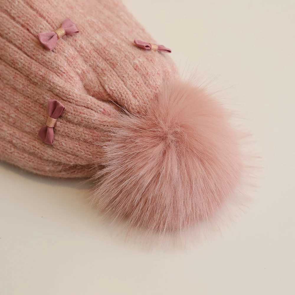Princess Children Winter Hat for Girls Pompom Bows Kids Bonnet Hat Warm Ears Thicken Children Girl Cap Faux Fur Ball 26YL251024