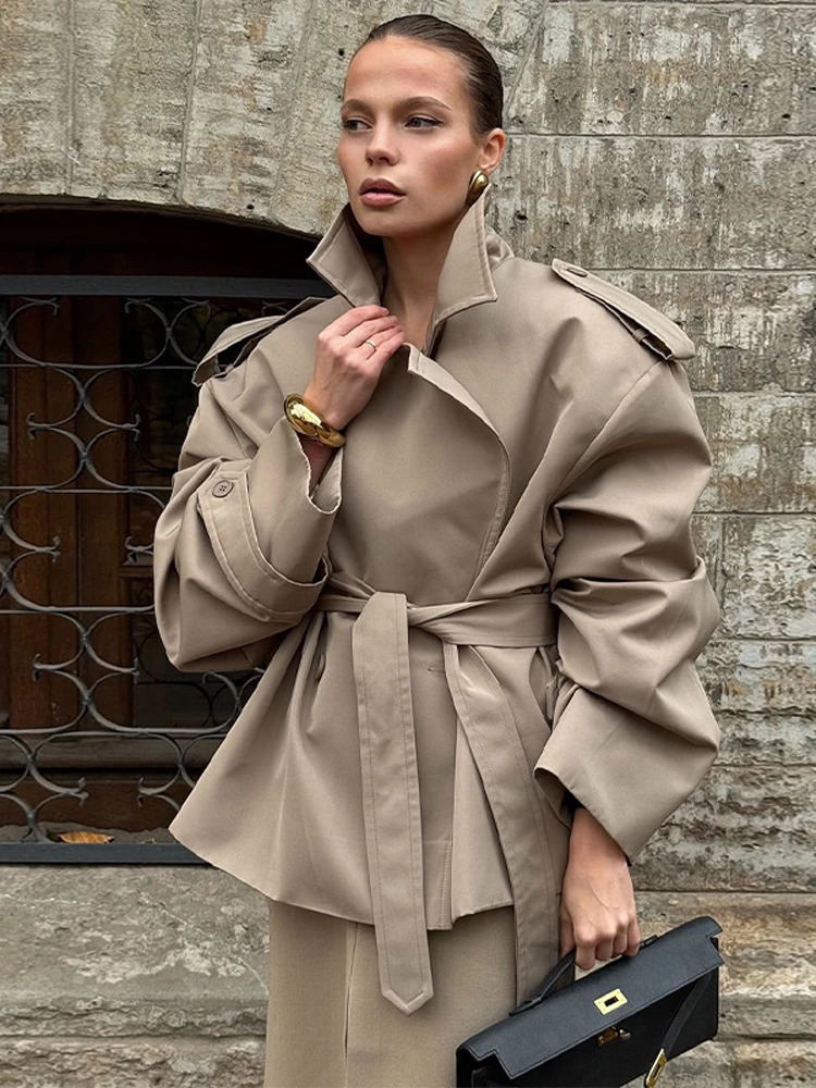 Solid Belted Oversized Windbreaker Womens Fashion Full Sleeve Button Loose Long Coat Office Lady Daily Commute Overcoats 251021
