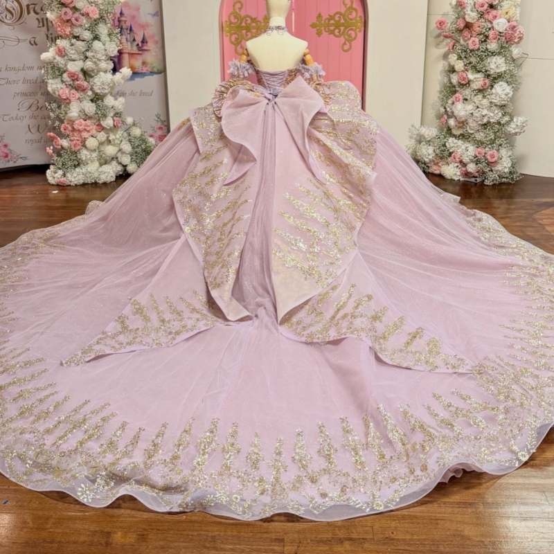 Pink Shiny Quinceanera Dresses Ball Gown Off The Shoulder Sequin Applique Lace Beading Crystal Bow Tull Party Birthday Sweet 16 Dress